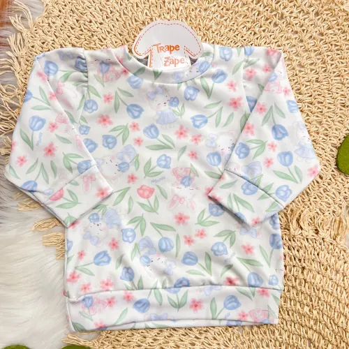 Conj. Blusa Ursinha com Plantinhas em Malha Térmica e Calça Legging - Branco e Rose