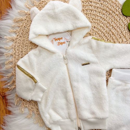  Conj. Jaqueta com Listras Douradas e Calça de Pelinho - Off White