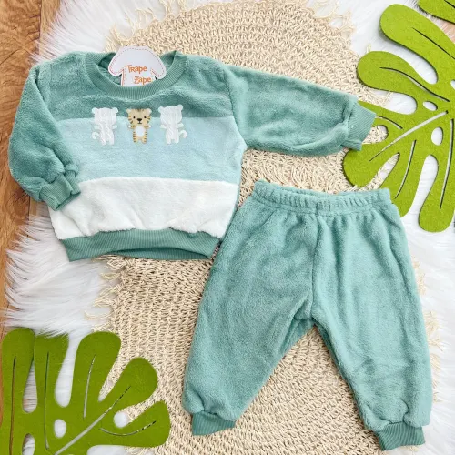 Conj. Casaco Tigre Baby e Calça de Pelinho - Verde e Off White