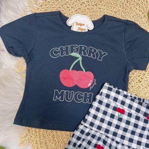 Conj. Blusa Cherry e Short Saia Xadrez - Preto e Branco
