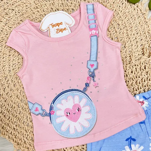  Conj. Blusa Manga Curta Bolsinha e Short Florzinhas - Rosa e Azul