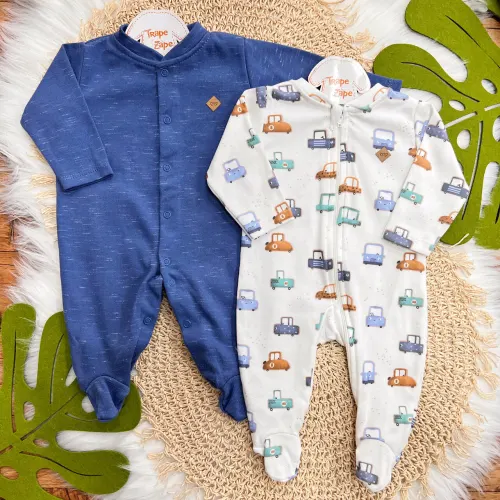 Kit 2 Macacões de Malha - Abertura Botão e Zíper - Carrinhos - Azul Jeans e Off White