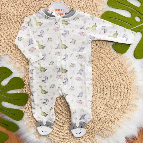 Macacão de Malha com Abertura em Zíper e pézinho bordado Dinos Babys - Off White e Mescla