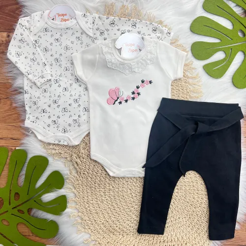 Conj. de Malha 3 peças - Borboletas com Ramo de Flores - Off White e Preto
