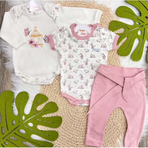 Conj. de Malha 3 peças - Gaiola de Passarinhos com Borboletas - Off White e Rose