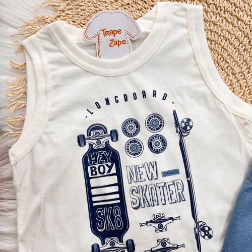 Conj. Regata Longboard e Bermuda em Moletinho - Off White e Azul Jeans