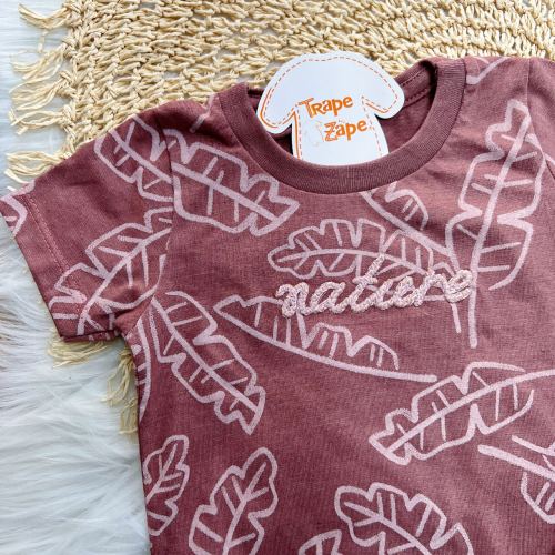 Conj. Camiseta Nature Folhagem e Bermuda em Linho - Bordô