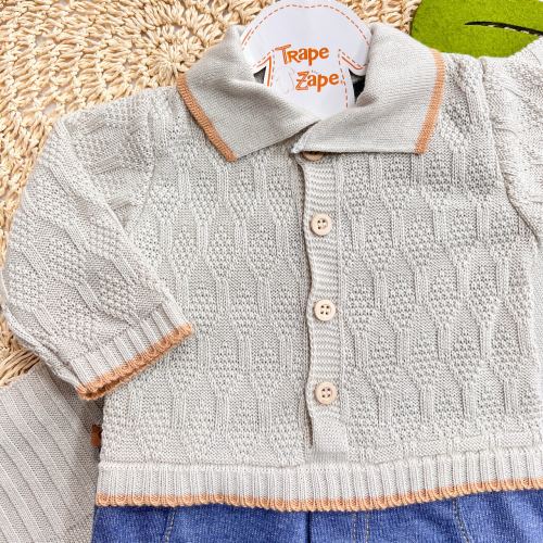 Saída de Maternidade Fofinho - Macacão Casaquinho e Calça "Jeans"- Bege Centeio