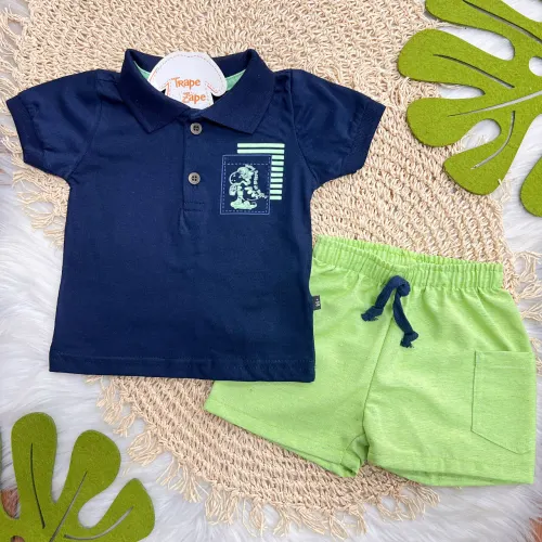 Conj. Camiseta Polo Dino Skatista e Bermuda - Marinho 