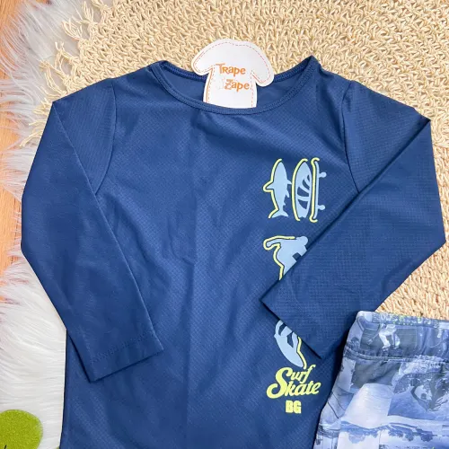 Linha Praia - Blusa Manga Longa Surf Skate e Sunga com Proteção UV50+ - Marinho
