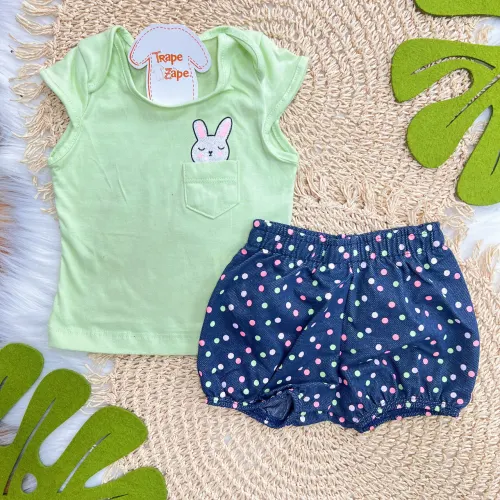 Conj. Blusa Coelhinha e Short Bolinhas Coloridas - Verde