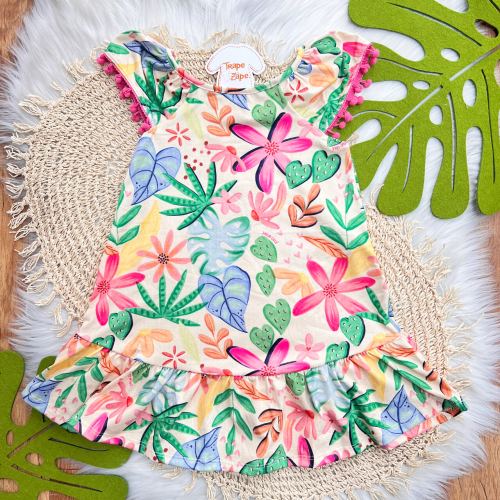 Vestido Floral Tropical com Pompons - Colorido