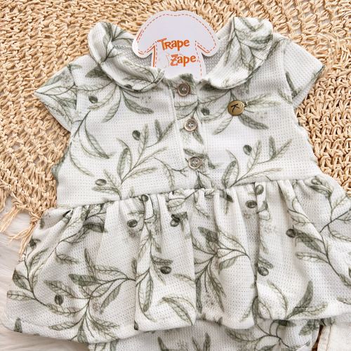 Conj. Body Plantinhas com Gola e Short em Linho - Verde