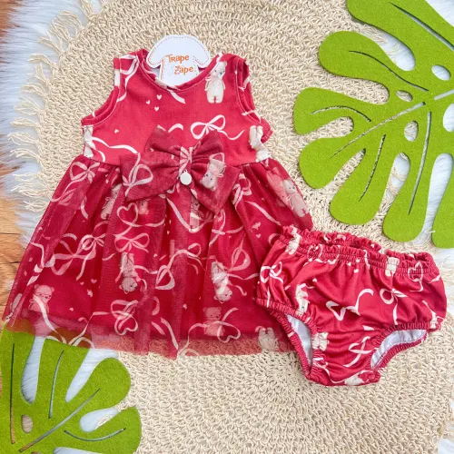 Vestido e Tapa Fralda Ursos com Lacinhos - Vermelho