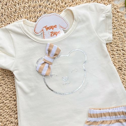   Conj. Blusa Ursinha com Laço e Short Listrado - Off White e Areia