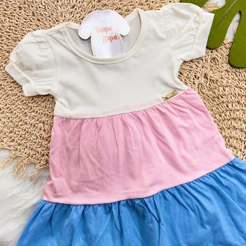 Vestido Três Marias com Tapa Fralda - Off White, Rosa e Azul