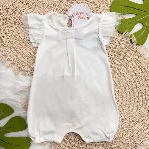 Macacão Curto com Laço e Mangas em Tule Brilhantes - Off White