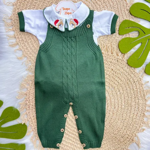  Conjunto Jardineira de Linha e Body Ursinho de Natal - Verde