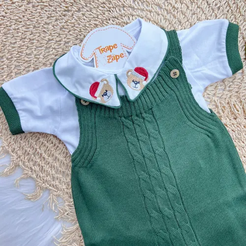  Conjunto Jardineira de Linha e Body Ursinho de Natal - Verde