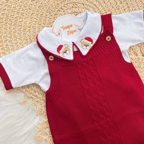  Conjunto Jardineira de Linha e Body Ursinho de Natal - Vermelho