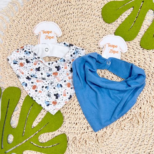 Kit 2 Babadores Bandanas - Cachorrinhos - Azul Jeans e Off White