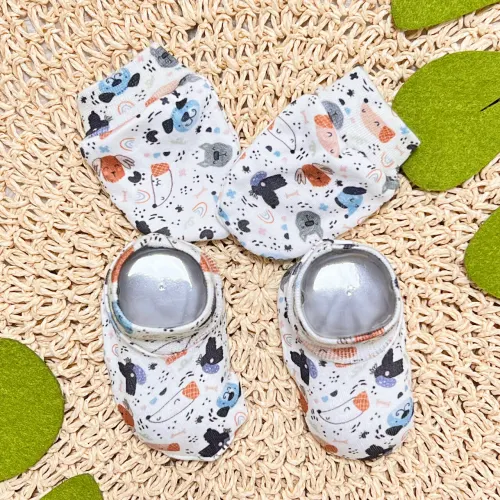  Kit Luva e Pantufas - Cachorrinhos - Azul Jeans e Branco