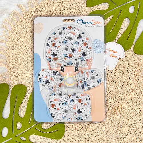 Kit Touca/Luva/Sapatinho - Cachorrinhos - Off White e Azul Jeans