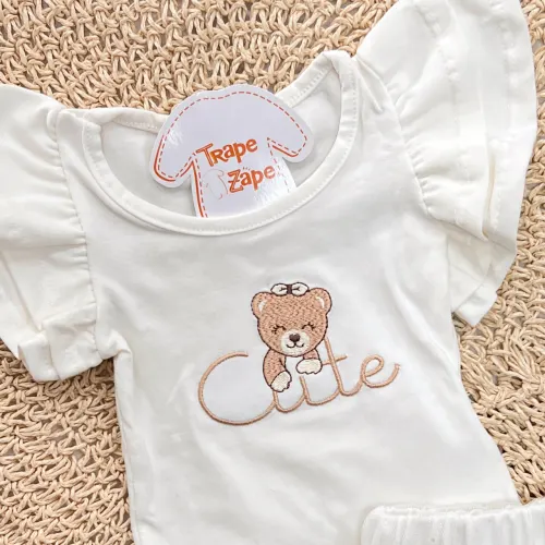 Conj. Blusa Bear Cute Perolado e Short Saia em Tule Brilhante - Off White