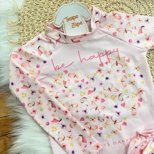 Linha Praia - Blusa com Proteção UV50+, Bucket e Calcinha - Always Happy - Rosa Claro