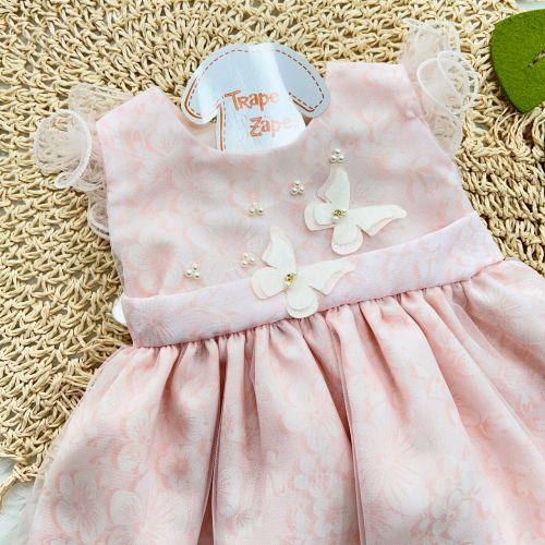  Vestido com Tule Floral e Borboletas com Pérolas - Rose
