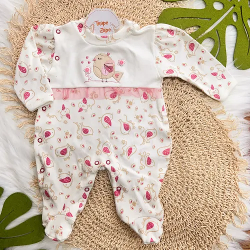 Macacão Trape Zape - Passarinha com Flores - Off White e Rose