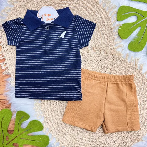 Conj. Camiseta Gola Polo Rex Listrado e Bermuda - Marinho e Caramelo