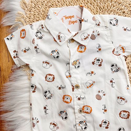 Conj. Camisa Safari e Bermuda em Sarja - Off White e Laranja
