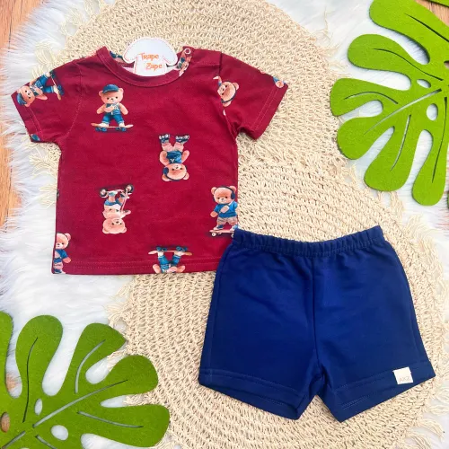  Conj. Camiseta Bear Sk8 e Bermuda - Bordo e Marinho