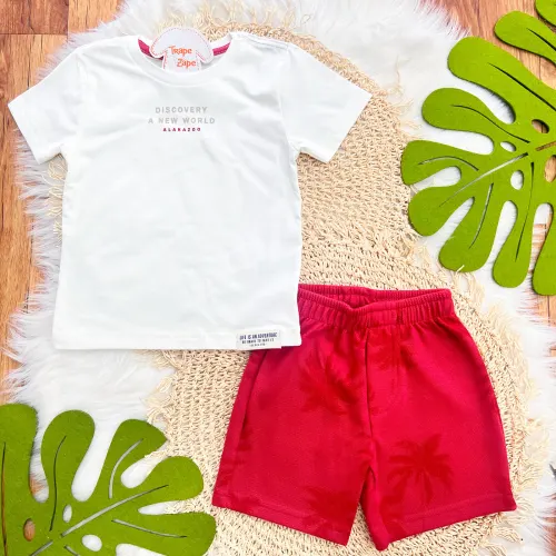  Conj. Camiseta Discovery A New World  e Bermuda - Off White e Vermelho