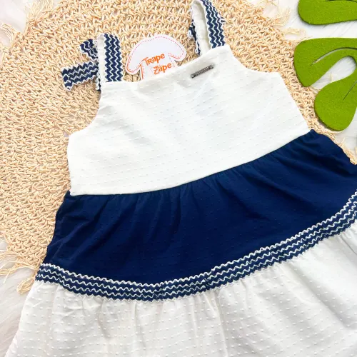 Vestido Ana Bola de Alcinha com Lacinho - Off White e Marinho