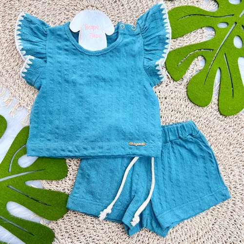 Conj. Blusa Mangas  Menores Crochê e Short - Verde