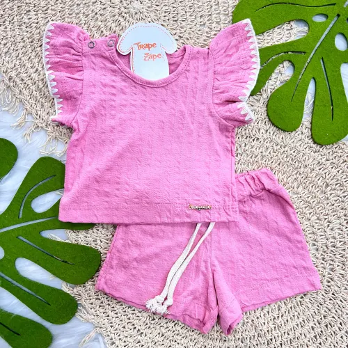 Conj. Blusa Mangas Menores Crochê e Short - Rosa