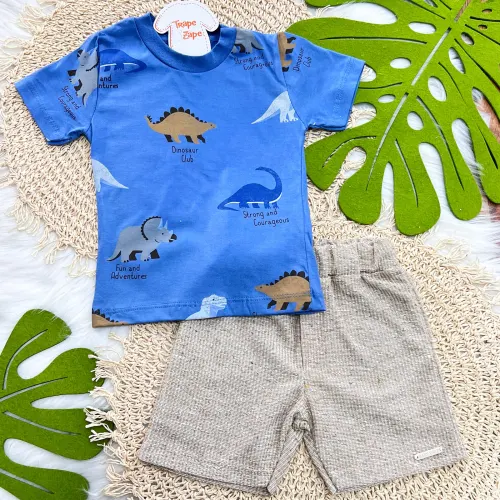 Conj Camiseta Azul Dinosaur Club e Short Caqui