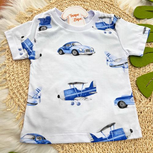 Conj Camiseta Carros e Aviões Branco e Marinho