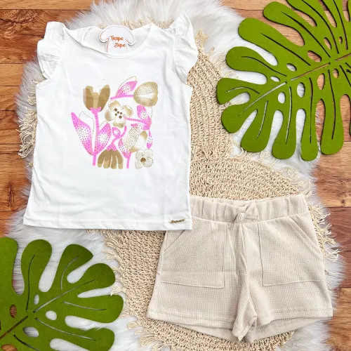 Conj. Blusa Flores e Short com Strass - Off White e Rosa
