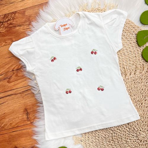 Conj. Blusa Cerejinhas de Paetê e Short - Off White e Vermelho 
