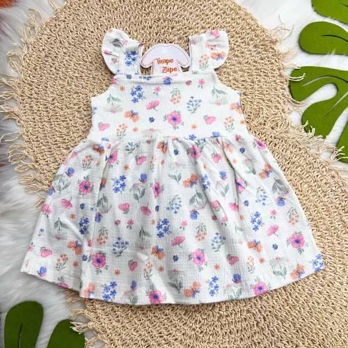 Vestido com Babadinho na Alça Jardim Colorido - Off White
