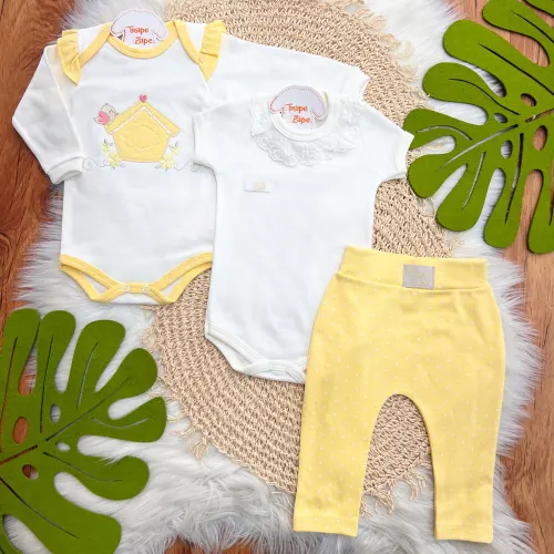 Conj. de Malha 3 peças - Casinha de Passarinho - Amarelo e Off White