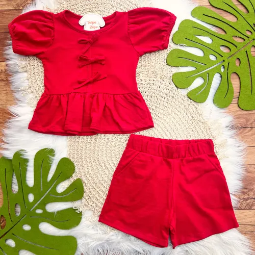 Conj. Batinha Três Lacinhos e Short Ana Bola - Vermelho