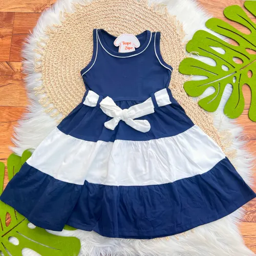 Vestido Bicolor com Laço - Marinho e Branco