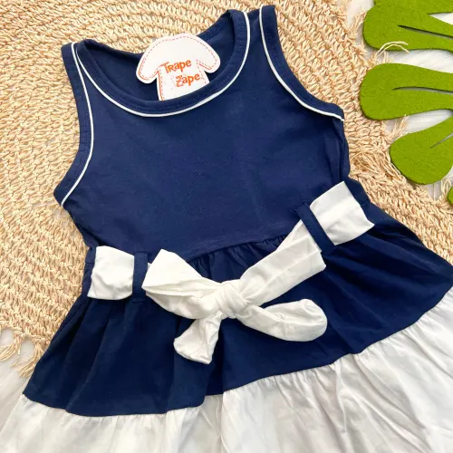 Vestido Bicolor com Laço - Marinho e Branco