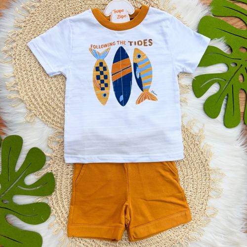 Conj. Camiseta Following the Tides e Bermuda - Mostarda e Branco