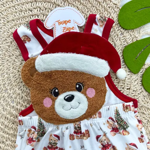 Banho de Sol Bordado - Ursinha Noel - Vermelho