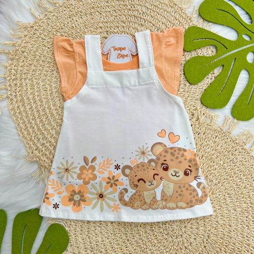 Conj. Blusa e Salopete Oncinhas - Off White e Laranja